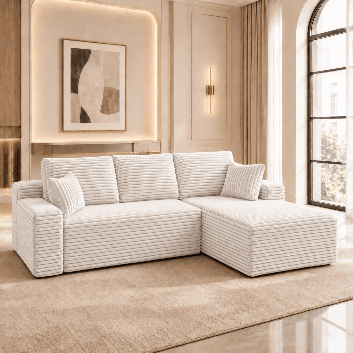 104" Boneless Cloud Sectional Couch with L Shape Chaise, Modern Corduroy Modular Sofa with Deep Seat for Living Room, White
