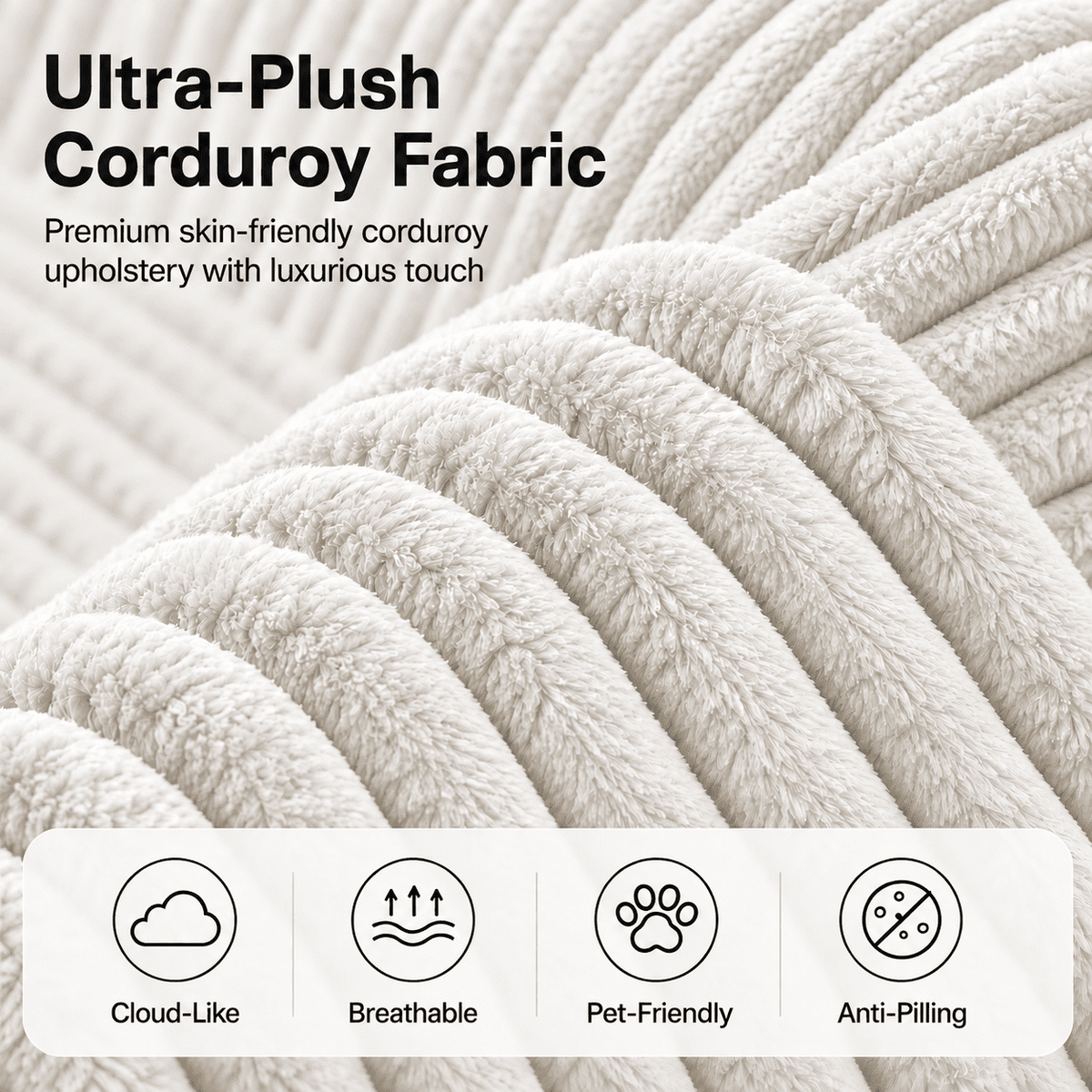 104" Boneless Cloud Sectional Couch with L Shape Chaise, Modern Corduroy Modular Sofa with Deep Seat for Living Room, White