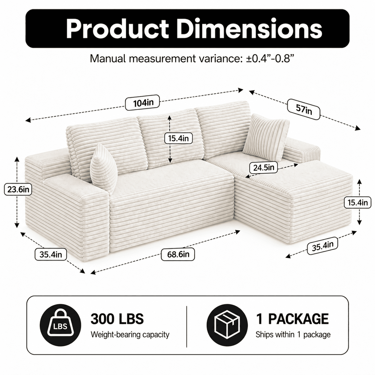 104" Boneless Cloud Sectional Couch with L Shape Chaise, Modern Corduroy Modular Sofa with Deep Seat for Living Room, White