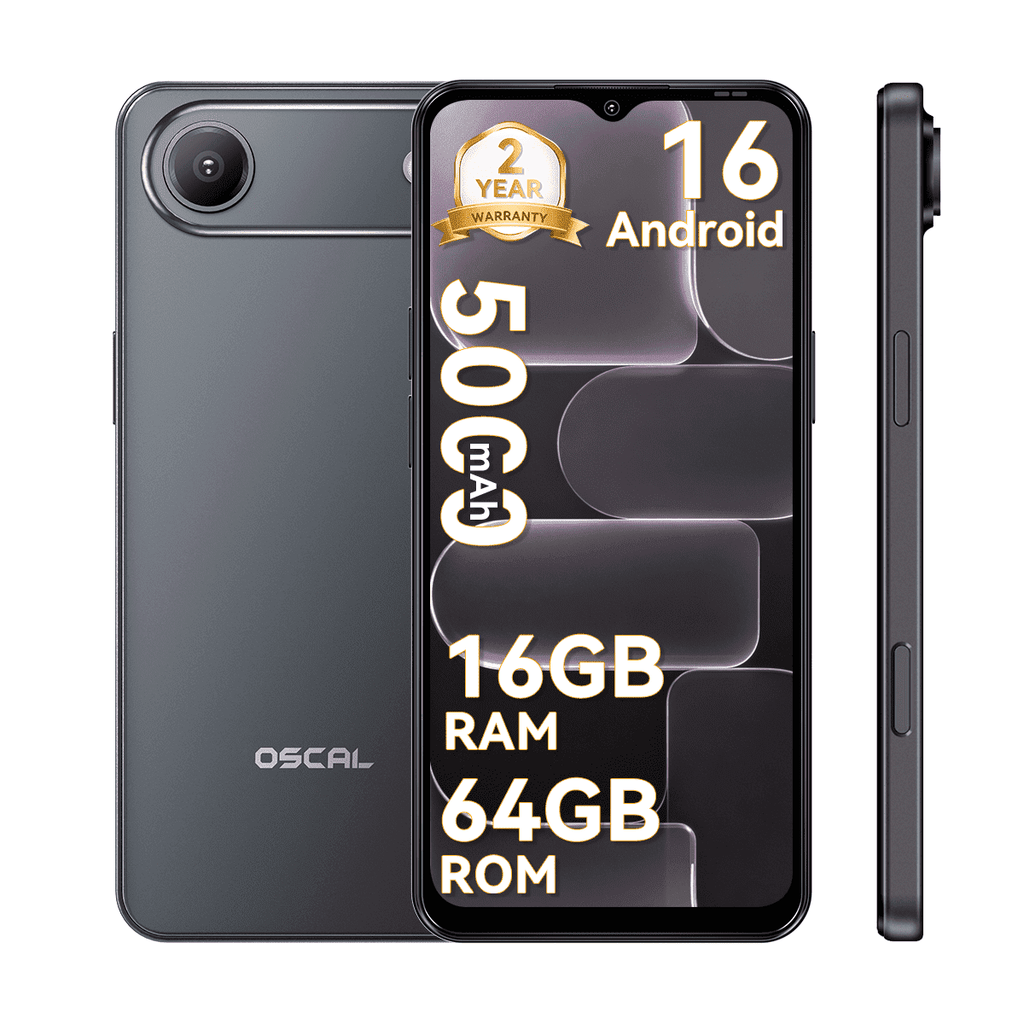 OSCAL FLAT 3C Unlocked Cell Phone,Android 16 Phone with 6.56" HD+ Display,5000mAh Battery,16(4+12)+64GB/1TB Expandable,32MP Rear Camera,IP54,DokeOS 5.0,Black