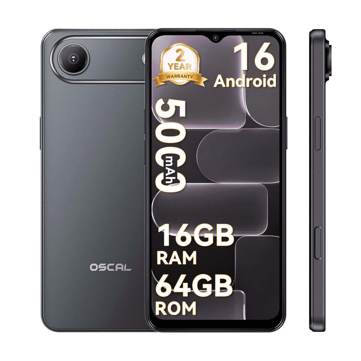 OSCAL FLAT 3C Unlocked Cell Phone,Android 16 Phone with 6.56" HD+ Display,5000mAh Battery,16(4+12)+64GB/1TB Expandable,32MP Rear Camera,IP54,DokeOS 5.0,Black